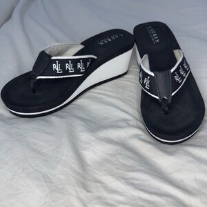 Lauren Ralph Lauren Black Logo Wedge Flip Flops Sandals‎ Size 7